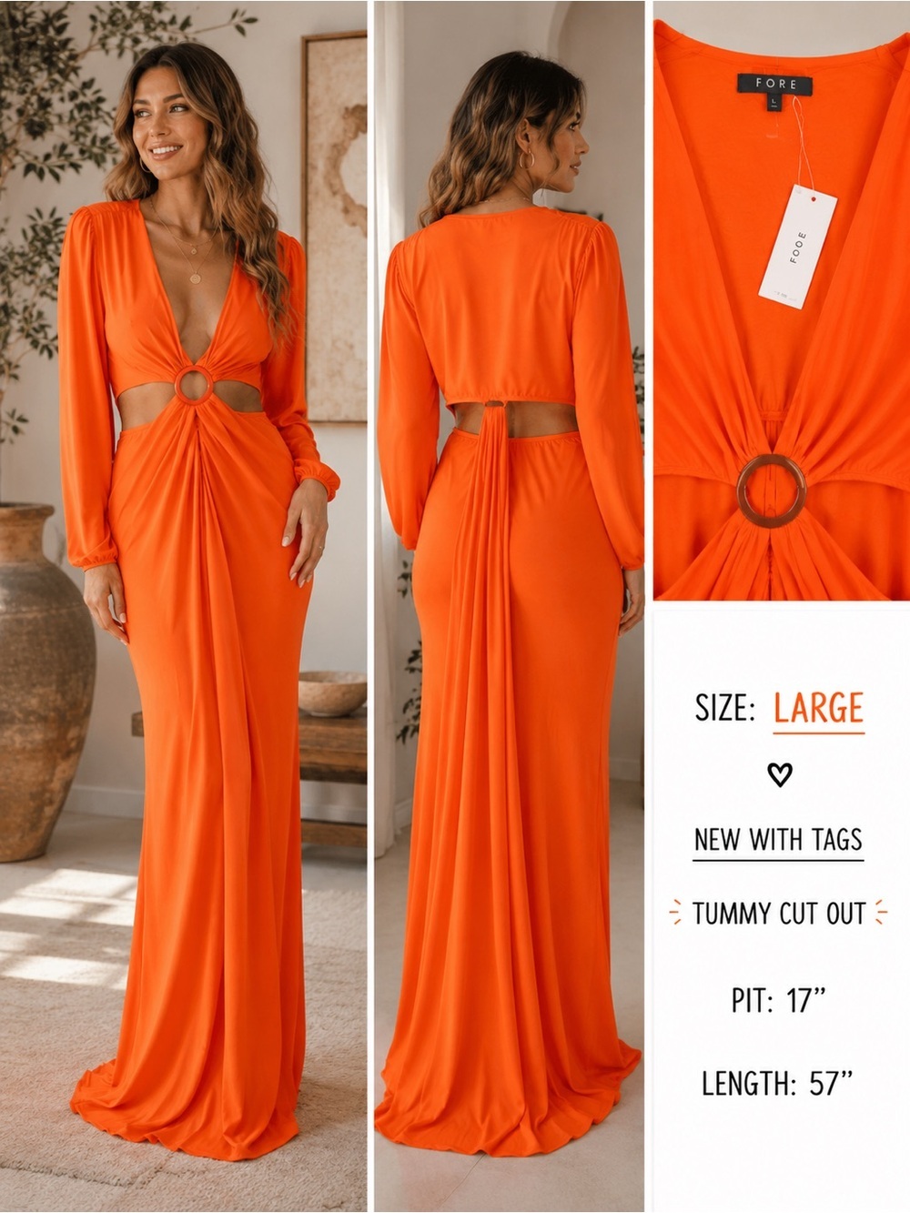 FORE Bright Orange Ring-Front Maxi Dress LARGE
Tummy cut out 
Pit 17”
Length 57”
